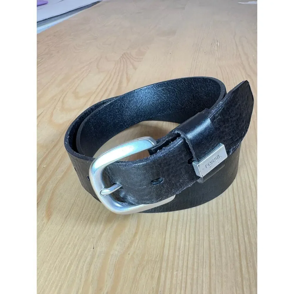 VTG 90s Y2K Mens Fossil Belt Black Leather Silver Hardware Medium 32-34